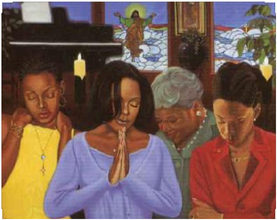 painting of three young and one elderly women with their eyes closed praying