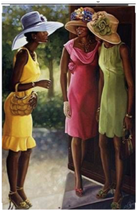 painting of three young women in sundresses and hats