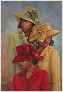 painting of three young women with their eyes closed wearing suits